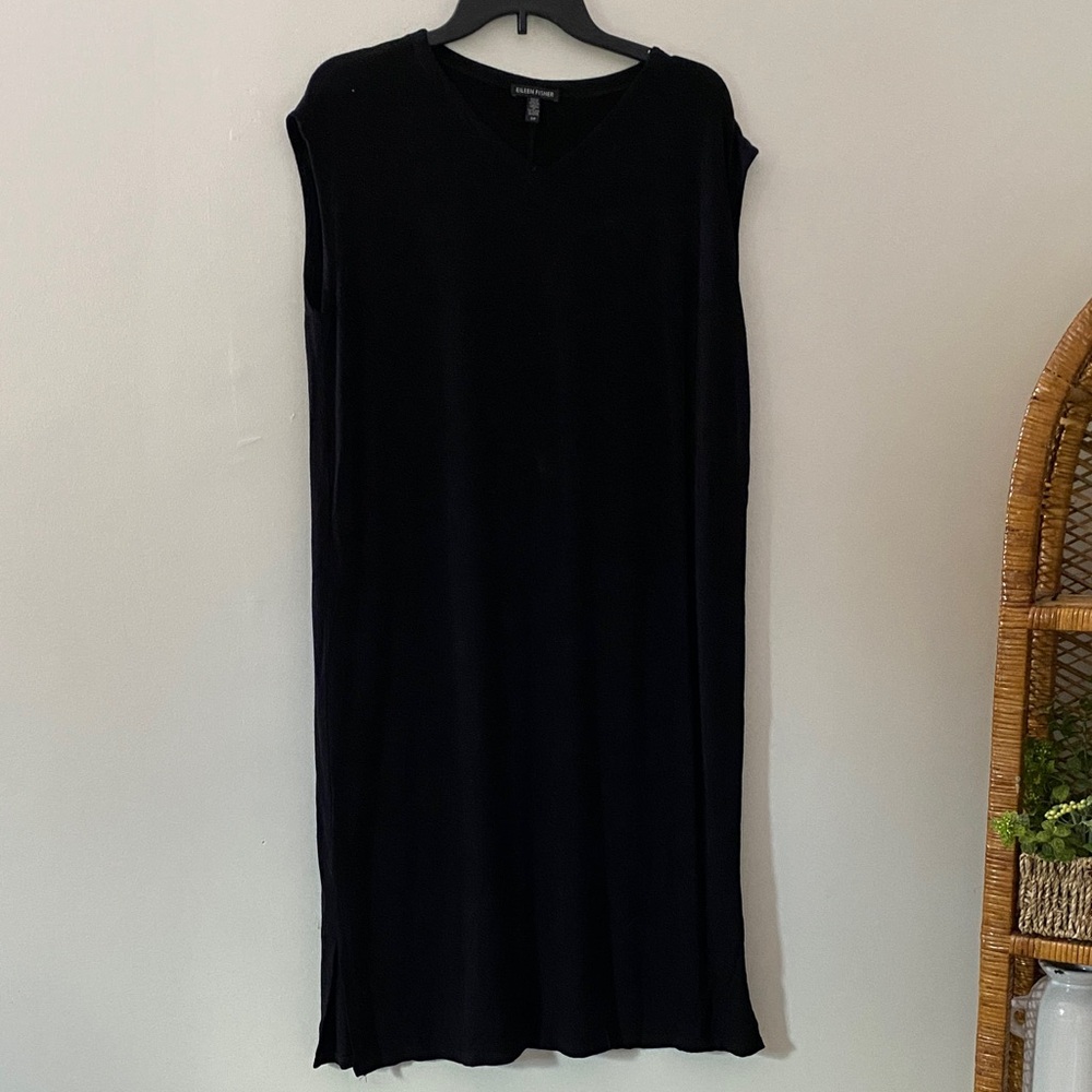 0307 Eileen Fisher Classic Black sleeveless t shirt dress small petite